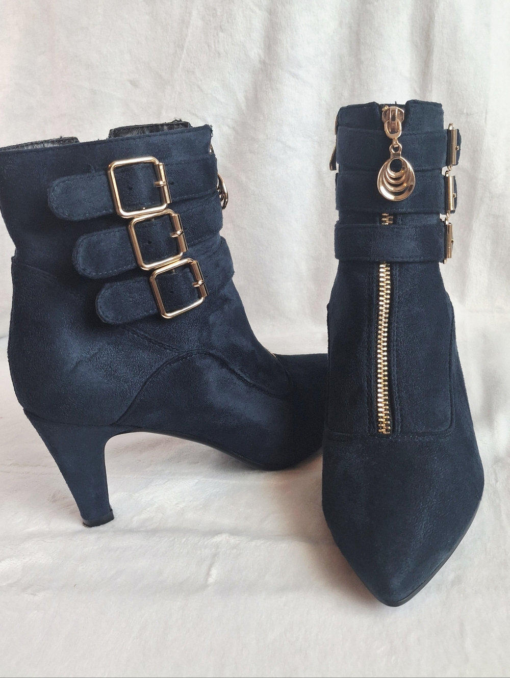 IDIFU Clara Z Navy Suede Pointed Toe Ankle Heeled Boots with Gold Details
